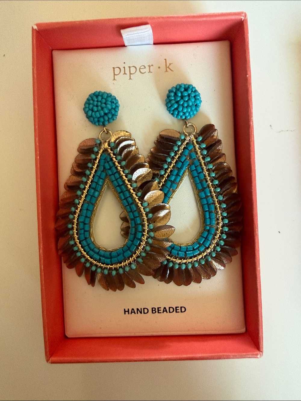 NWT Piper K Hand Beaded Turquoise & Bronze Boho Statement Drop Earrings